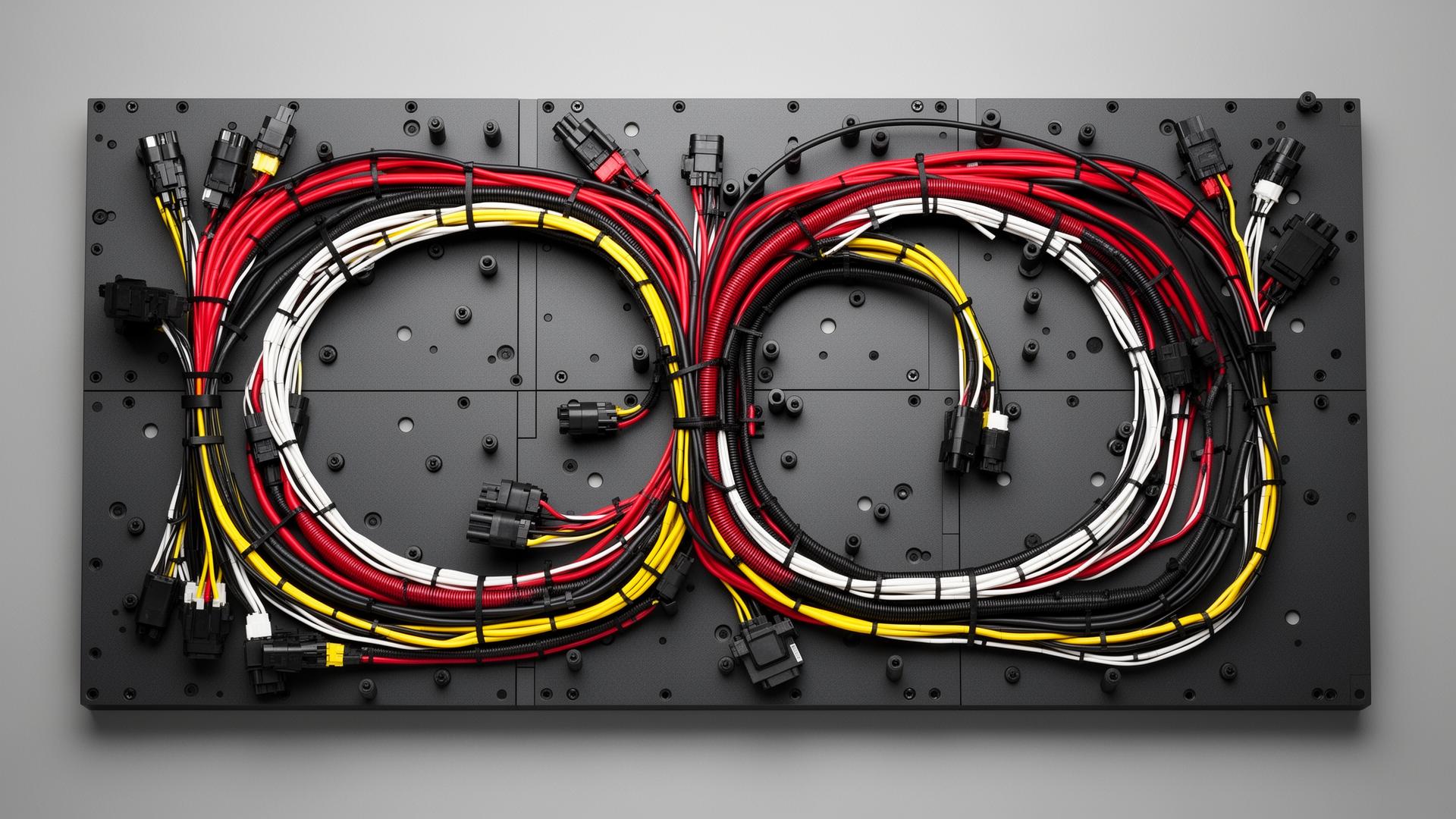 Custom wire harnesses arranged on a steel surface