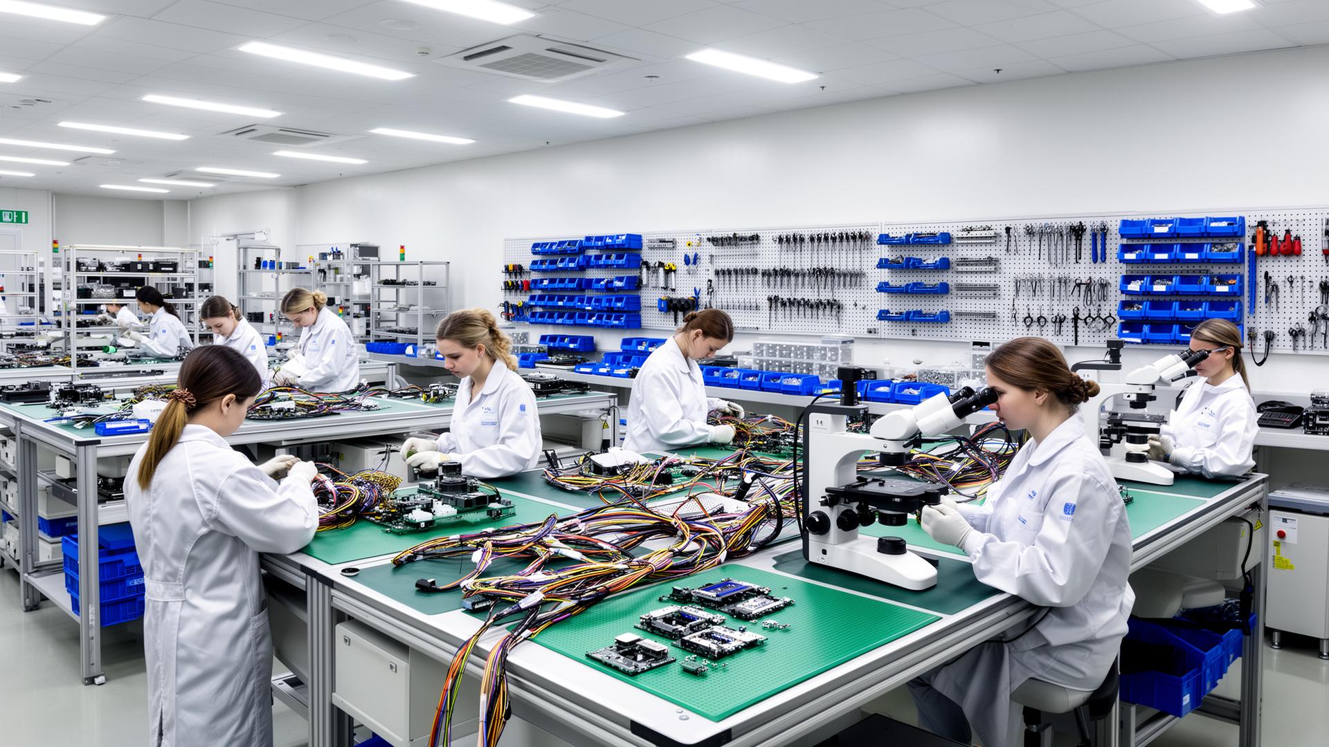 Technician hand-building a wire harness